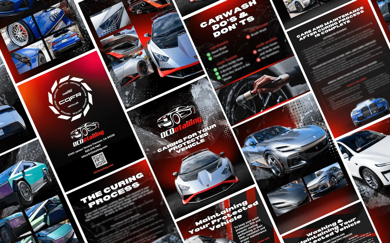 Pages from the OCDetailing guide with washing advice, curing guidance, and maintenance information